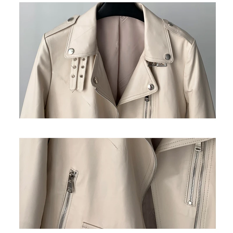 M-3XL femmes décontracté à lacets ceinture en peau de mouton vestes 2025 automne hiver blanc/rose femme courte en cuir véritable Biker veste vêtements