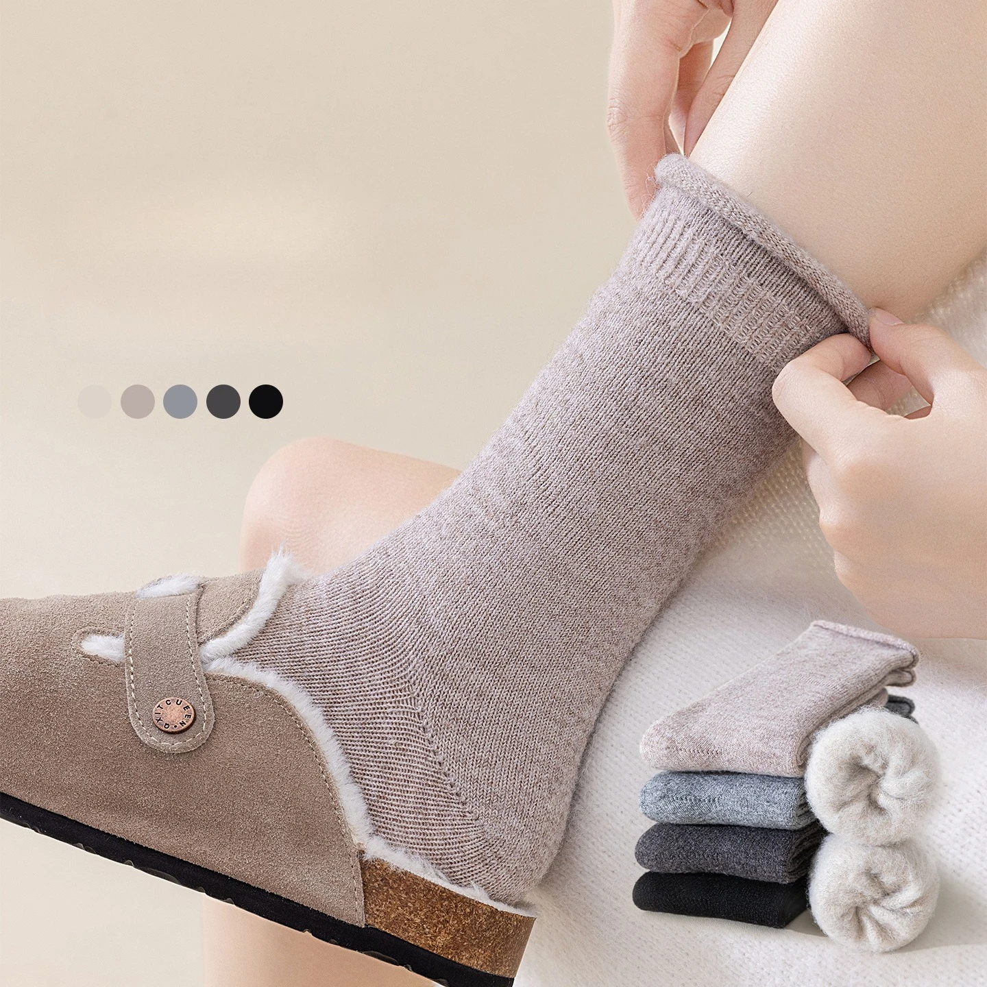 

Wool Stacking Socks Women Autumn and Winter Fleece Thickened Thermal Stockings Versatile Solid Color Medium Tube Socks