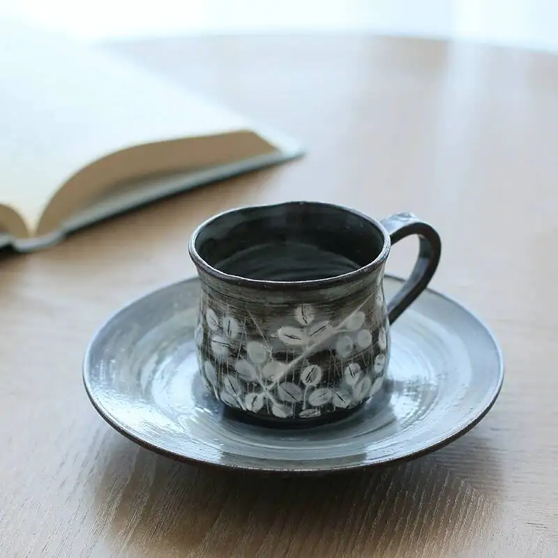 In Stock Japanese Imported Kiyomizu-Yaki Handmade Coarse Pottery Coffee Mug Tea Cup One Saucer