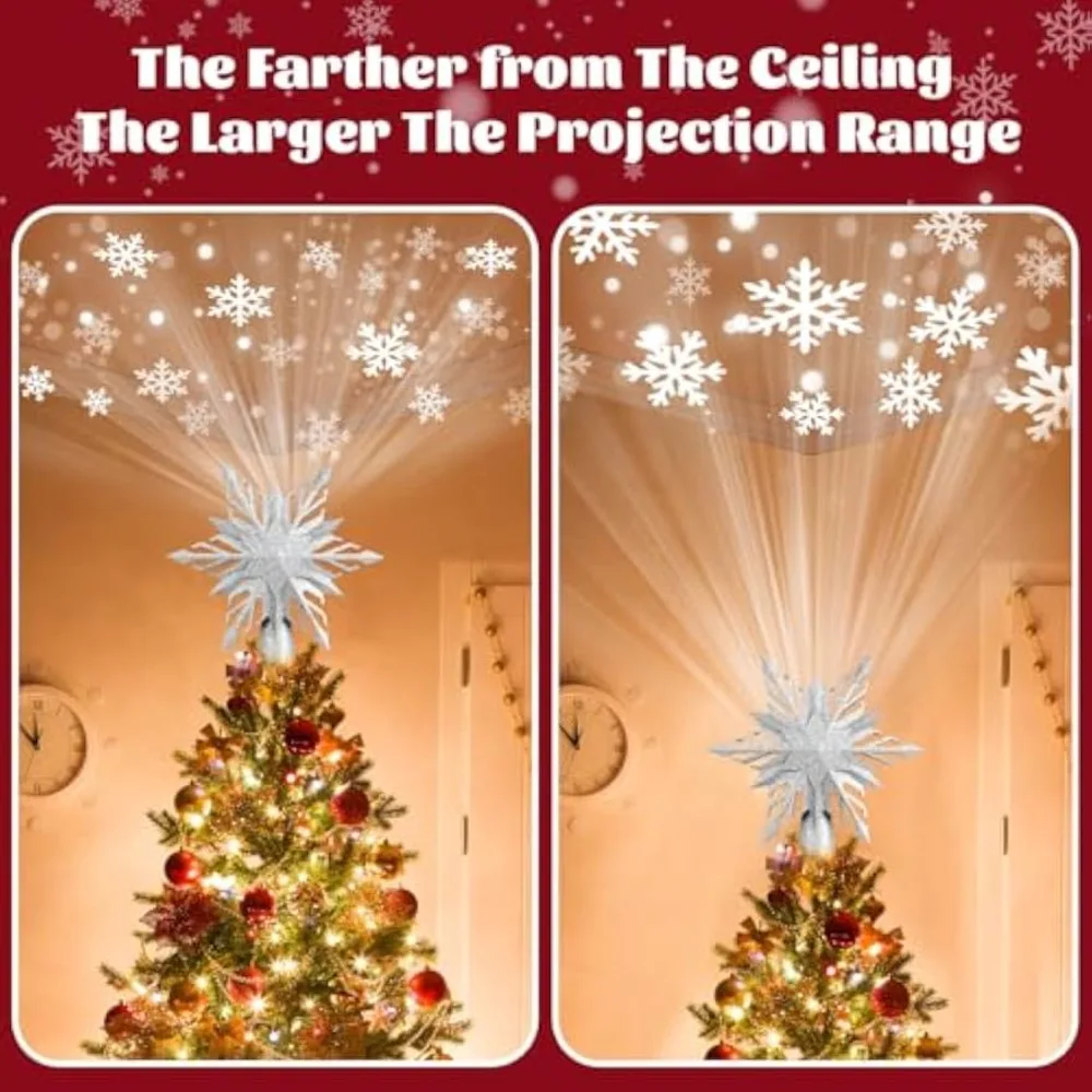 Christmas Tree Topper Lighted with Snowflake Projector LED Rotating Hollow Snowflake for Xmas Tree Festival Decorations Lights