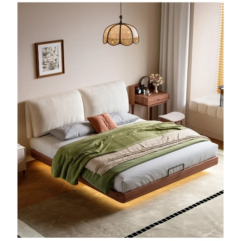 Suspension bed, medieval beech solid wood master bedroom bed, leather bed
