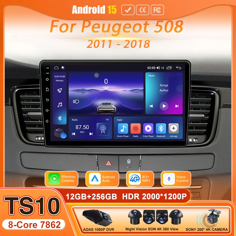 Android 15 For Peugeot 508 2011 - 2018 Car Multimedia Player Wireless Carplay Auto Head Unit Radio Video avigation GPS 2din Wifi