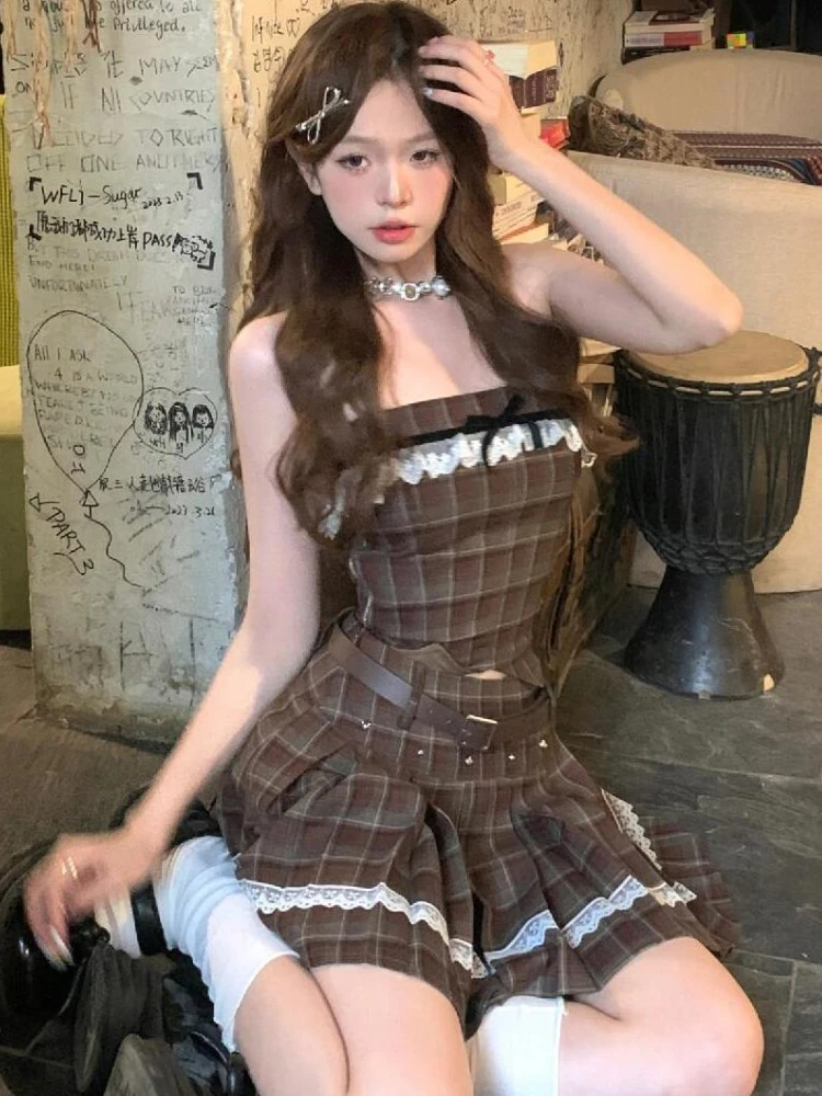 2024 Summer Elegant Plaid 2 Piece Skirt Set Women Casual Y2k Sleeveless Tops + Slim Mini Skirts 2000s Vintage Korea Fashion Suit