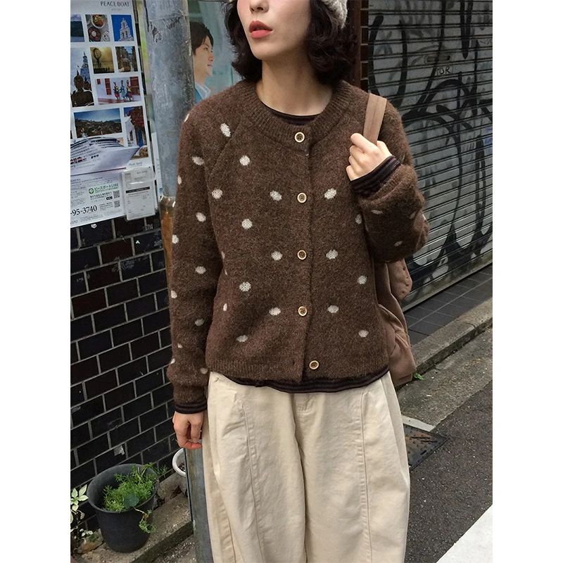 

Vintage Polka Dots Knitted Cardigan Women Harajuku Cropped Sweater Outerwears Korean Print Knitwears Winter Casual Jumpers New