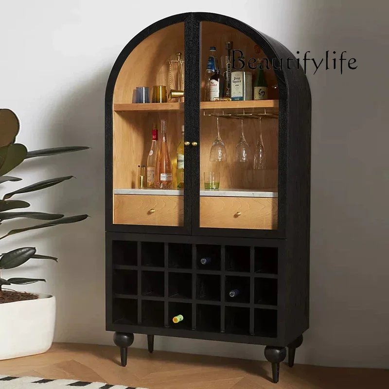

HU American retro solid wood wine cabinet living room large capacity display French antique style wall kitchen storage