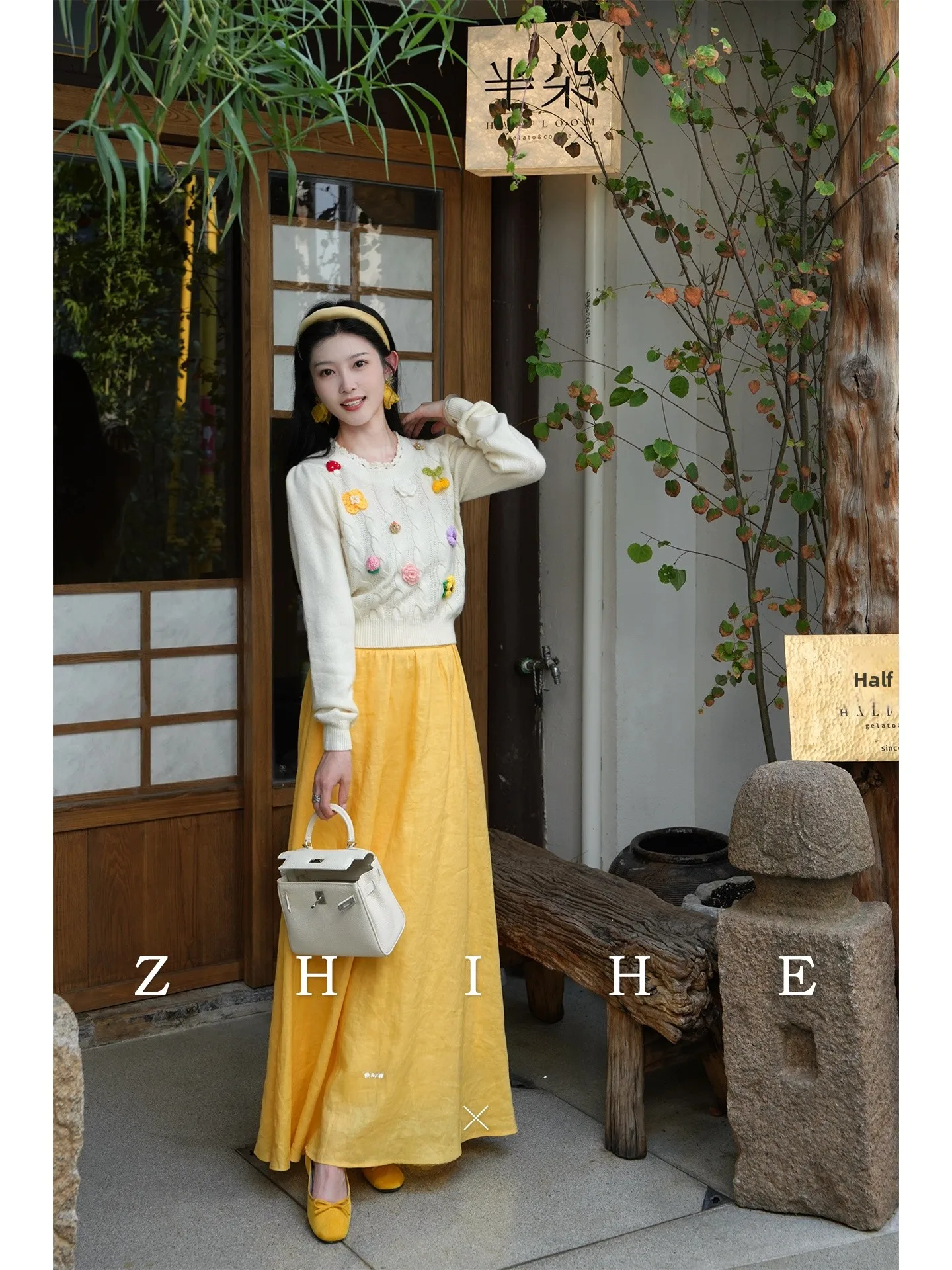 

Шерстяной вязаный свитер, джинсовые брюки, льняная юбка, комплект из футболки для женщин, художественная повседневная одежда, осенний сезон, сад, Dorothy