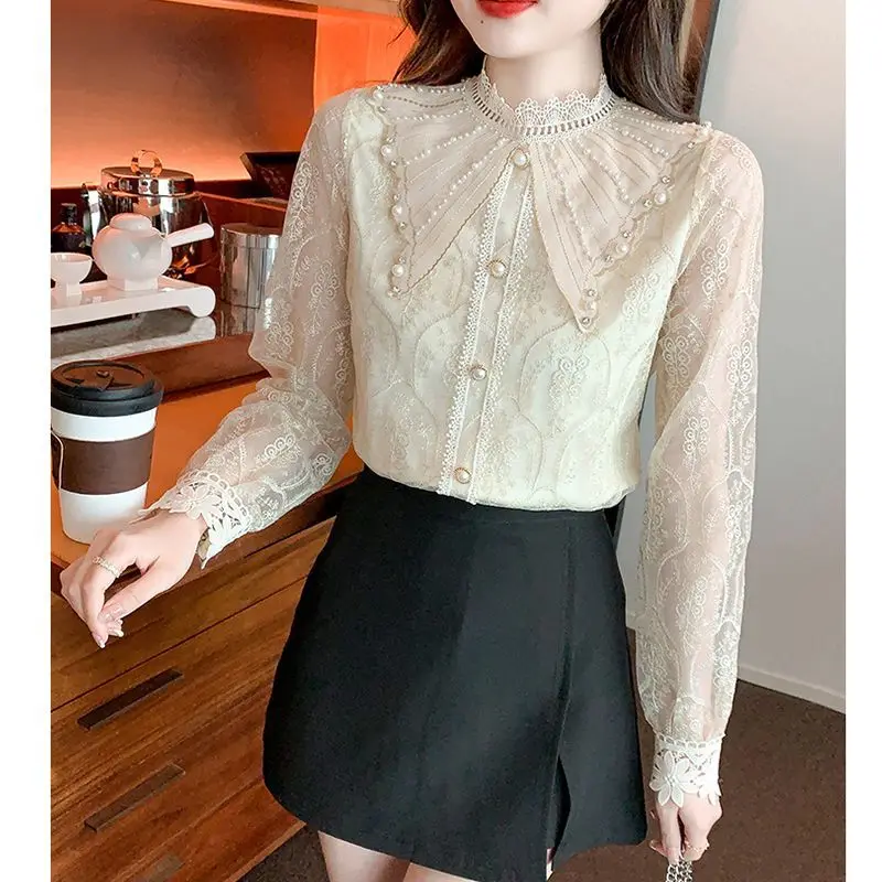 2024Women\'s New Fashion Elegant Solid Button Lace Casual Comfortable and Versatile Long Sleeve Slim Fit Chiffon Shirt Tops