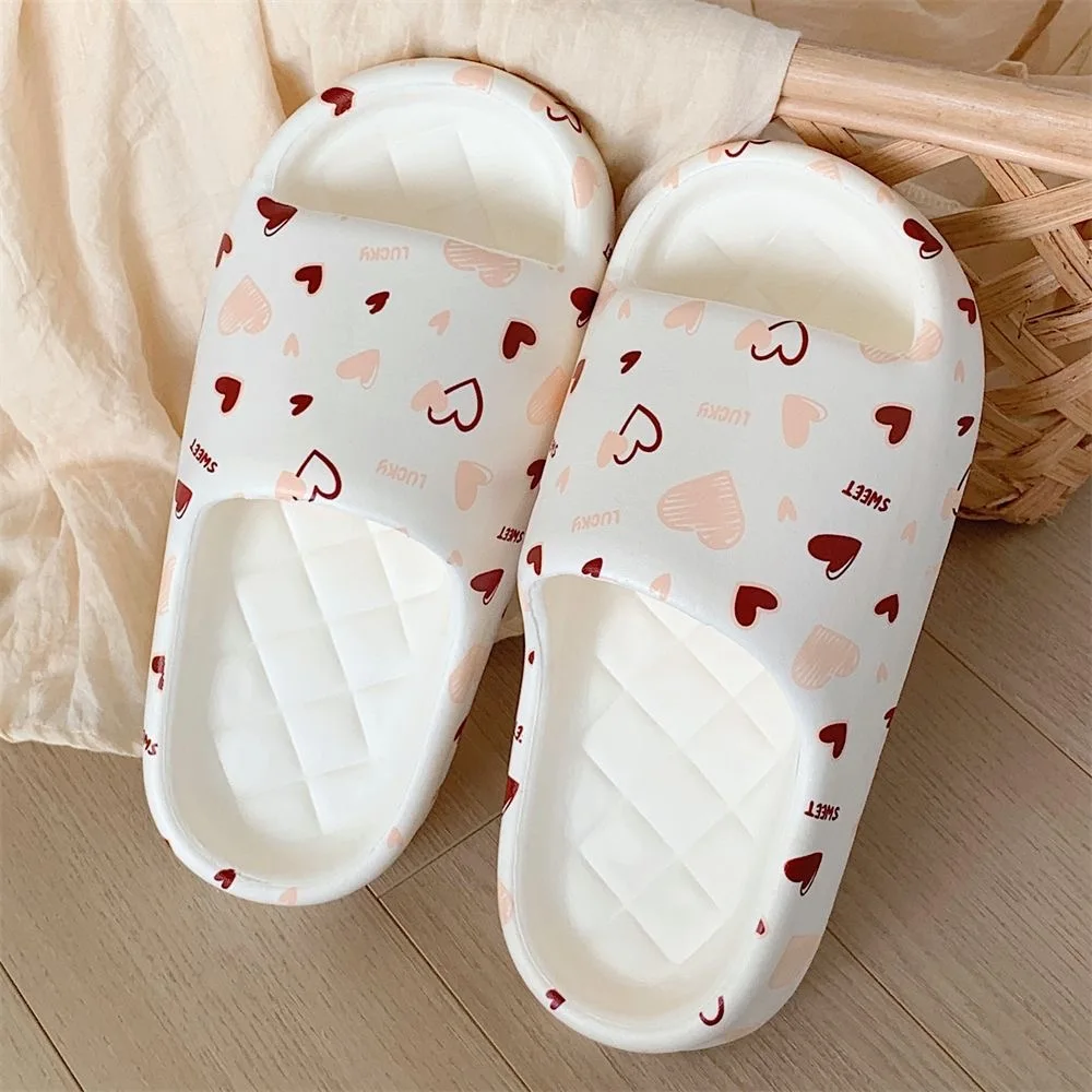 Cute Love Print Design Thick Sole Women Slippers Slides Bathroom Beach Indoor Sandals Summer Couple Shoes