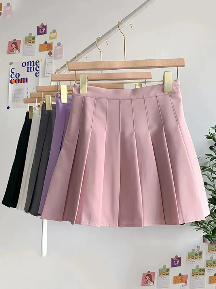 Women's High Waist Gothic Anti-Glare A-Line Pleated Skirt, Short Skirt, Black, Purple, Ins Tide, Ulzzang, Summer, New