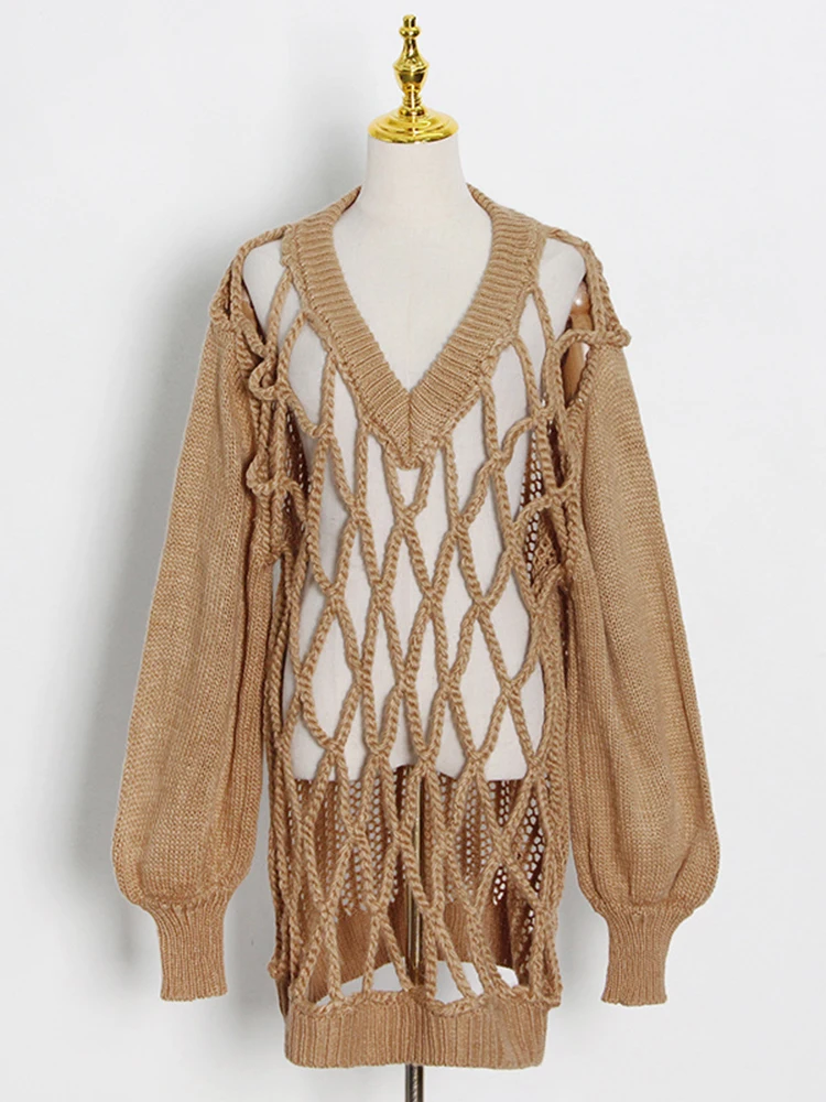TWOTWINSTYLE Solid Casual Sweaters For Women V Neck Lantern Sleeve Hollow Out Loose Minimalist Pullover Sweater Female Fashion