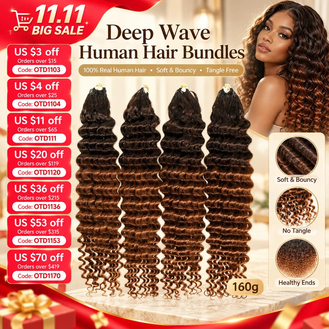 Ombre Color Deep Wave Pre-Separated Feather Crochet 100% Human Hair Extension Crochet Pre-Separated Feather Human Hair Extension