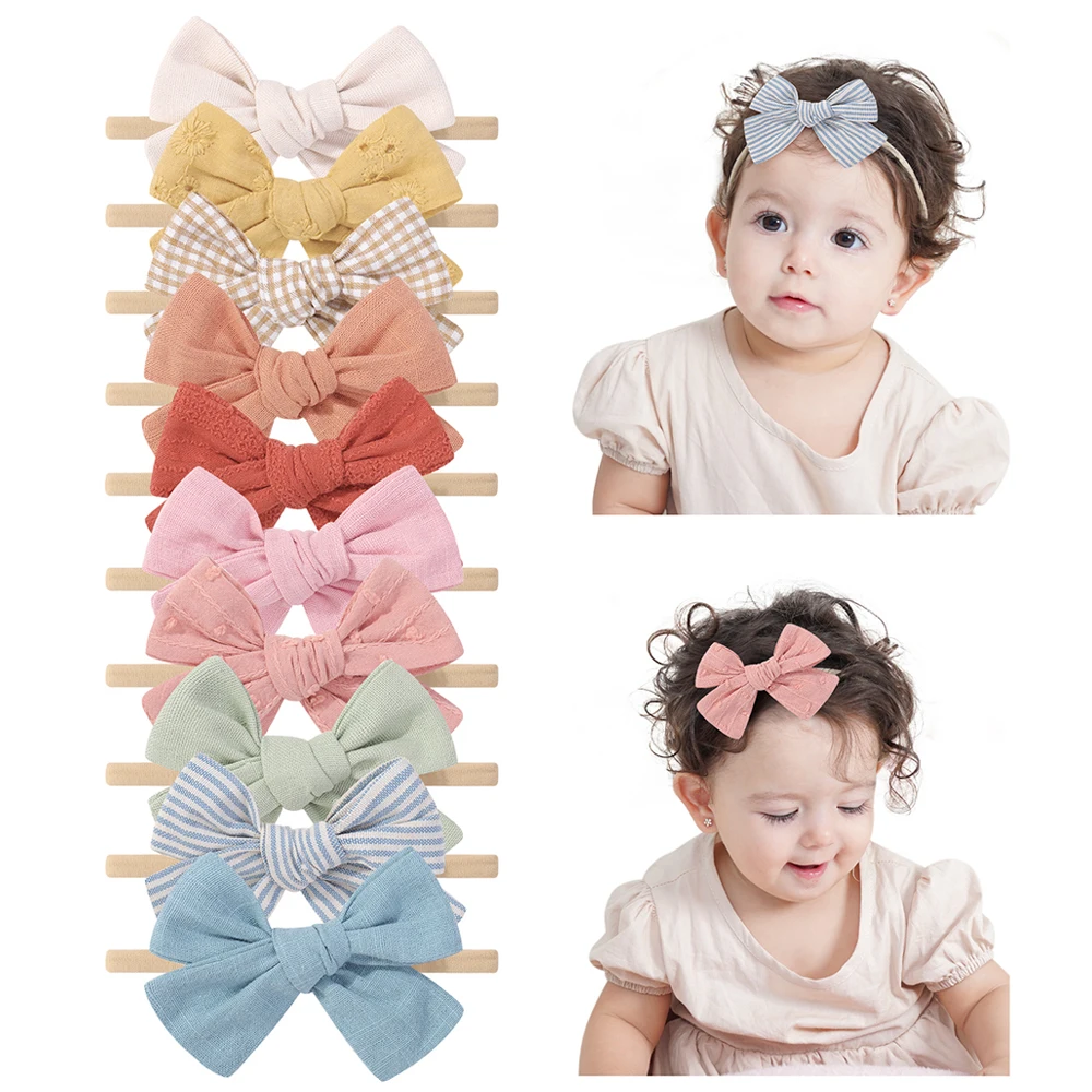 10-teiliges einfarbiges Bogen-Stirnband-Set für Babys, weiches, elastisches Nylon, für Neugeborene, Kleinkinder, handgefertigte Kopfbedeckung, Zubehör