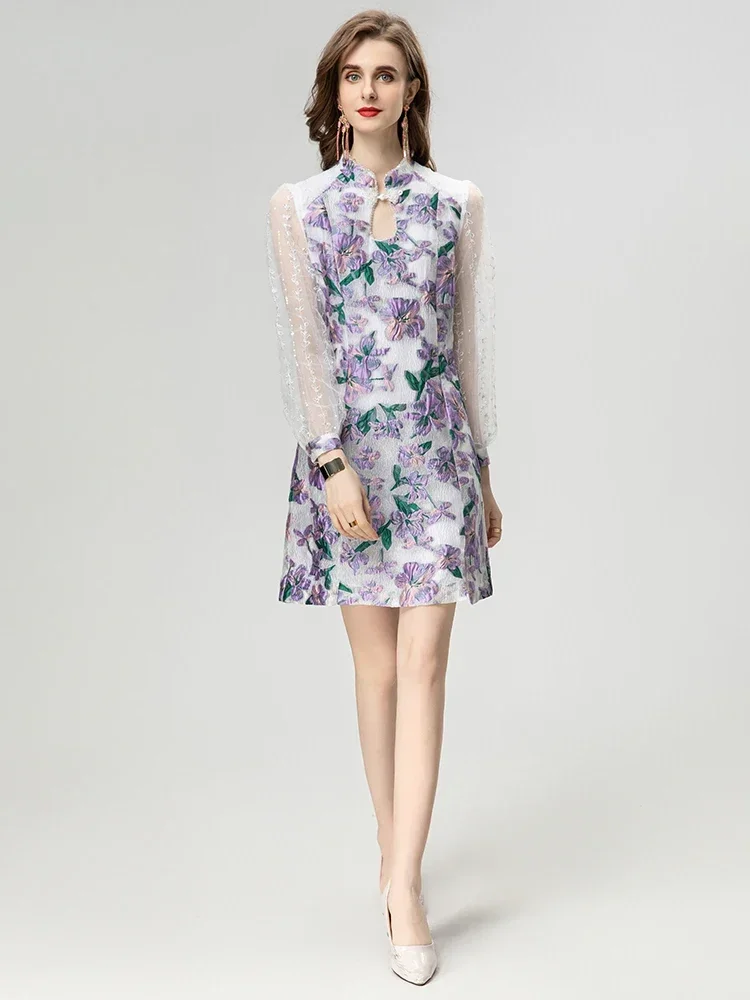 

Fashion Designer Summer Women's Dress Half Open Collar Embroidery Floral A Line Office Lady Polyester Dress