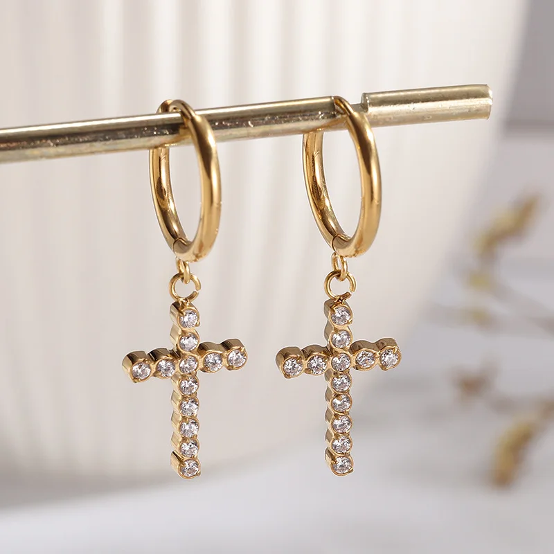 European and americanaccessible luxury micropaved zircon earrings for women stainless steel cross