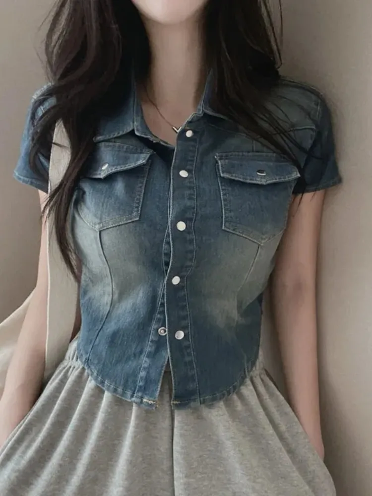 

Slim Fit Chic Summer Vintage Hong Kong Sle Single Button Bleached ort Sve Denim Jaet for Women Casual Versatile Oute...