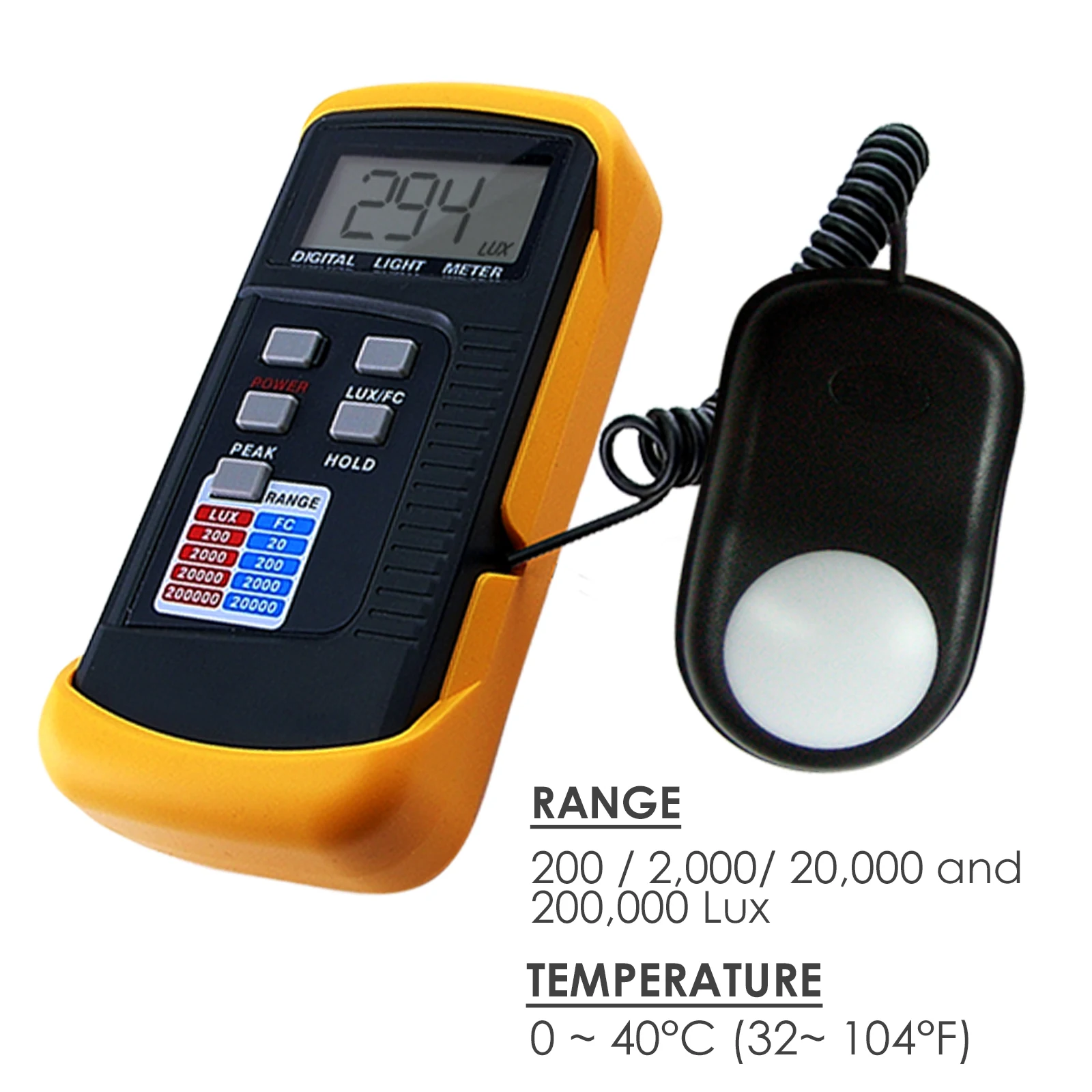 Lux Meter 200,000 Light Meter with Switchable LUX FC Data Hold Function Removable Case for School Office Home Stores