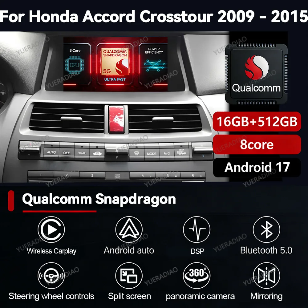 Radio para Auto Android 17 para Honda Accord 8 Crosstour 2008-2012, GPS NAVI, Unidad Principal Multimedia, Reproductor de Video Estéreo, Qualcomm QLED BT