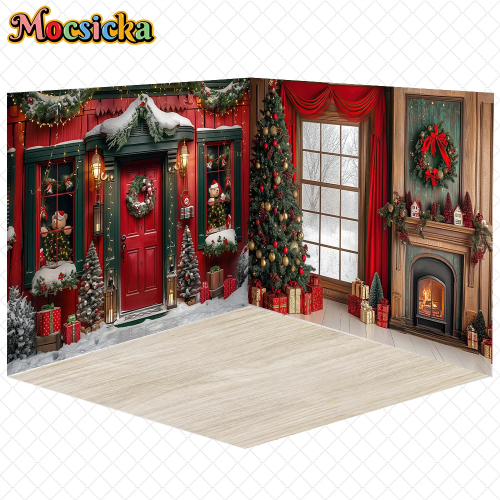

Mocsicka New Year Background Christmas Tree Door Window Fireplace Red Wall Decor Family Holiday Party Winter Snow Photoay Banner