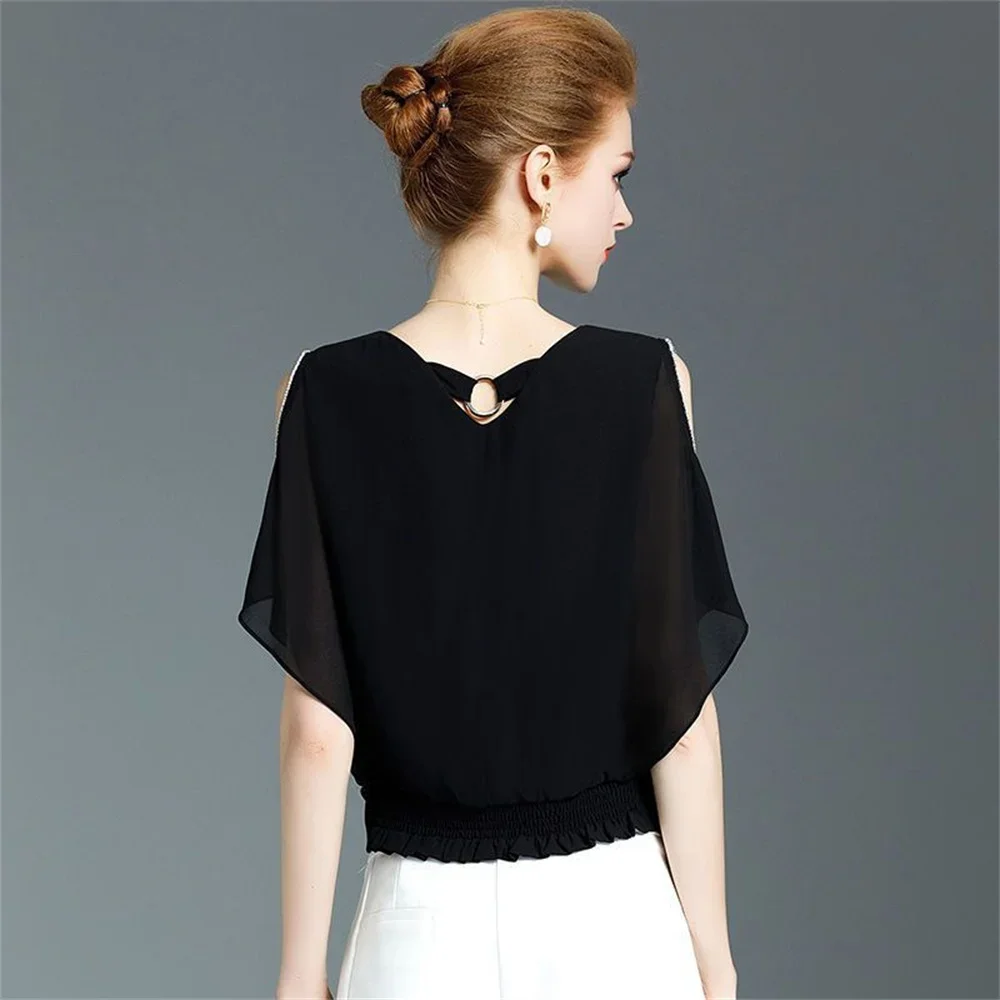 

2025 Summer Vintage Female Chiffon Shirt Women's Loose Black Short Batwing Sleeve Fashion Shirt Age Reducing Oversized Tops Lady