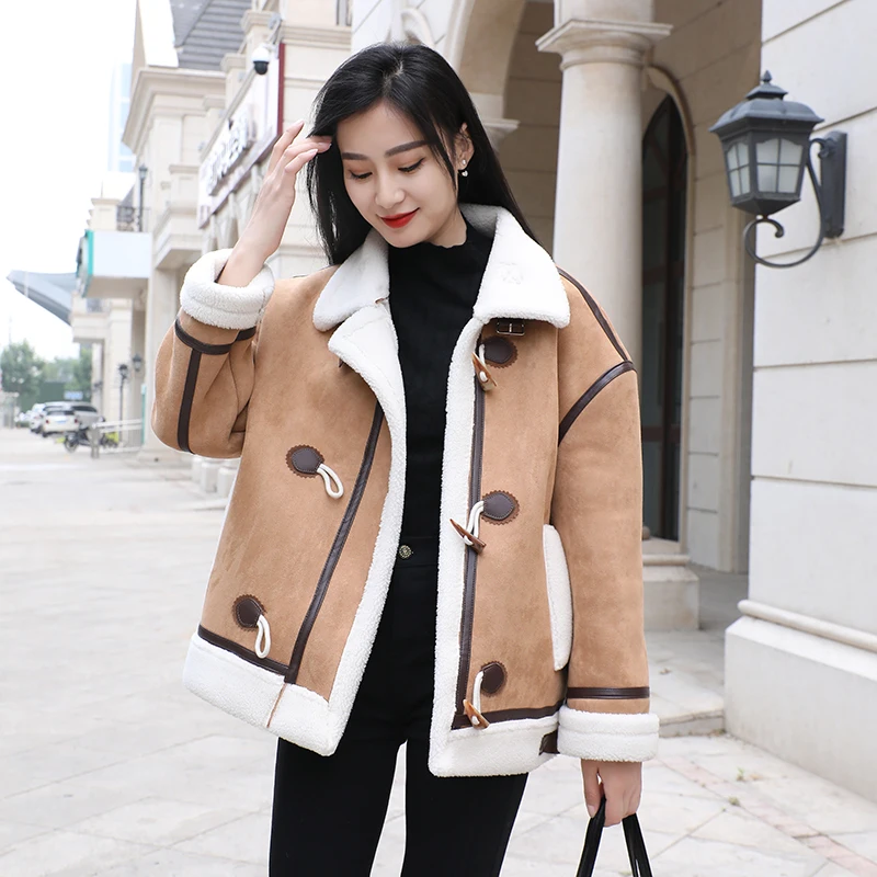 2023 Autumn and Winter New Suede Lamb Wool Spliced Motorcycle Wear Women's Top Leather and Fur One Piece Coat Short Coat