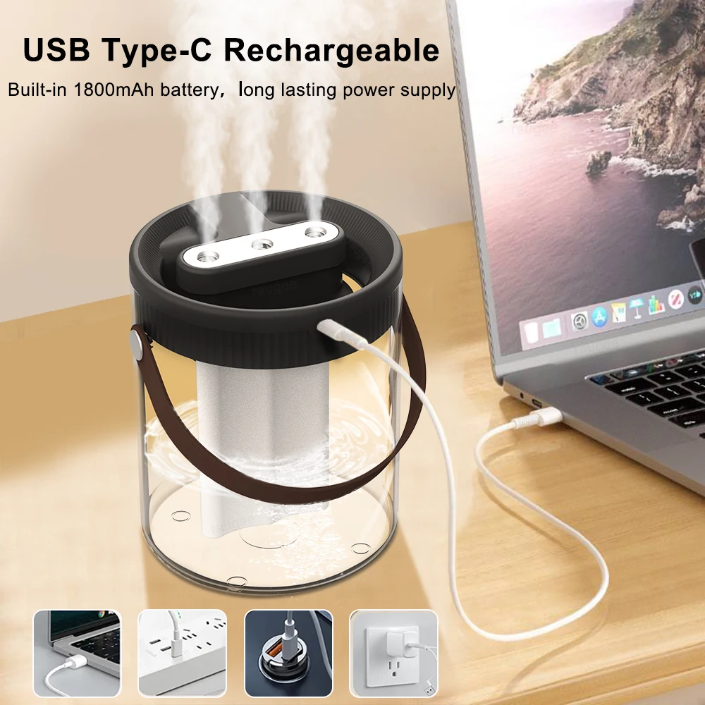 ثلاثة منافذ رذاذ الهواء المرطب 1.5L سعة كبيرة 1800 مللي أمبير USB قابلة للشحن رذاذ الهواء الصامت مع أجهزة ترطيب الإضاءة