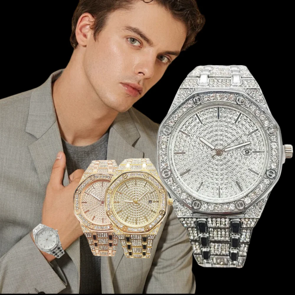 New Trendy Mens Man Gold Bling Bling Zircon Hip-hop Full Icy Diamond Quartz Iced Out Watches for Outdoors Party