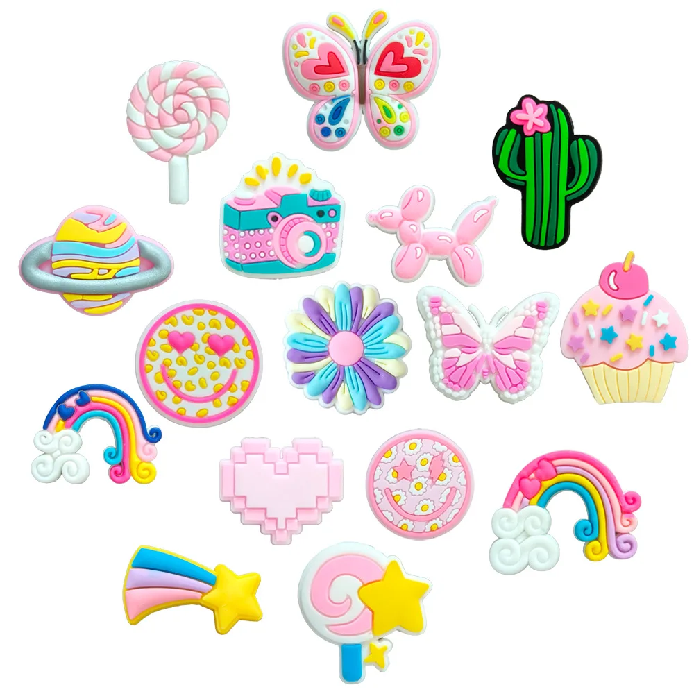 1/16pcs Cute Pastel Aesthetic PVC Shoe Charms Rainbow Candy Planet Floral Girls Clog Decor DIY Accessories For Slides Sandals