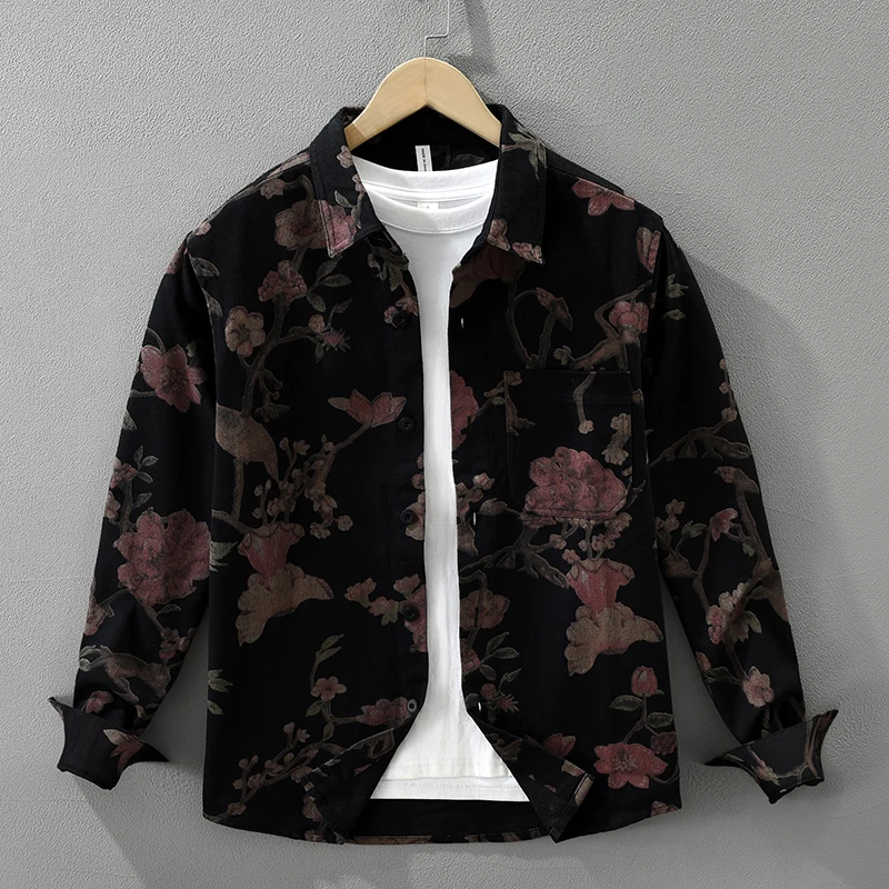 

2026 Spring New Men's Printed Shirt 100% Cotton Fabric Breathable and Comfortable Casual Shirt Japanese Retro Coat