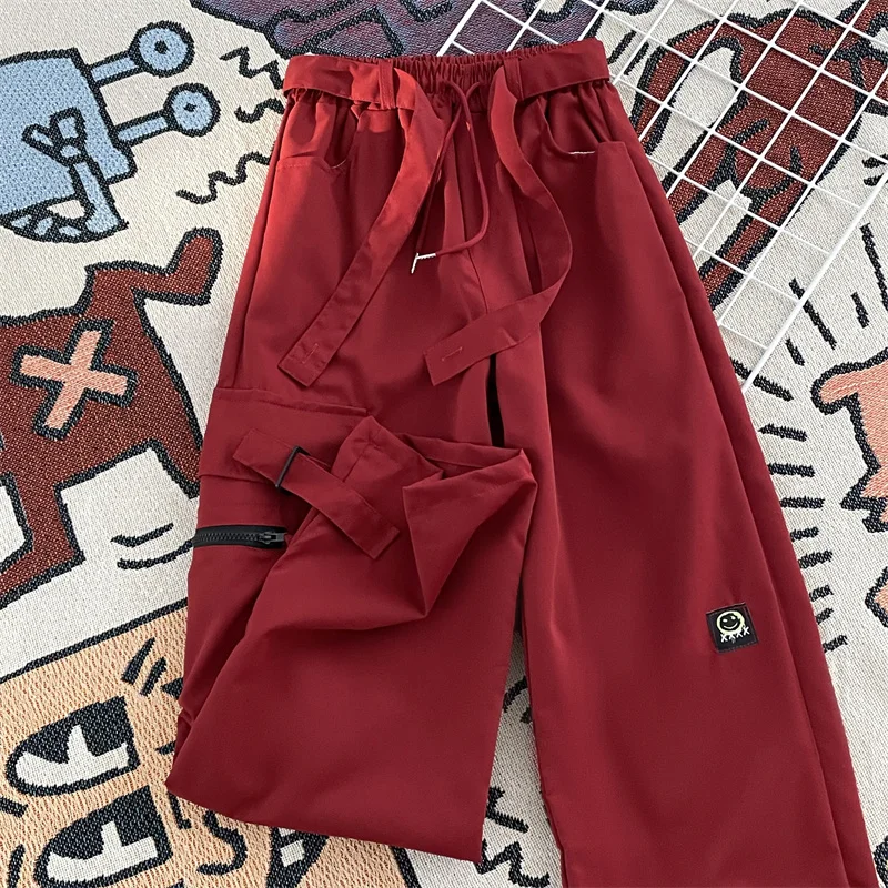 Street American Hip-hop Red Workwear Pants for Men Women Elastic Waistband Trousers Cityboy Design Loose Wide Leg Casual Pants