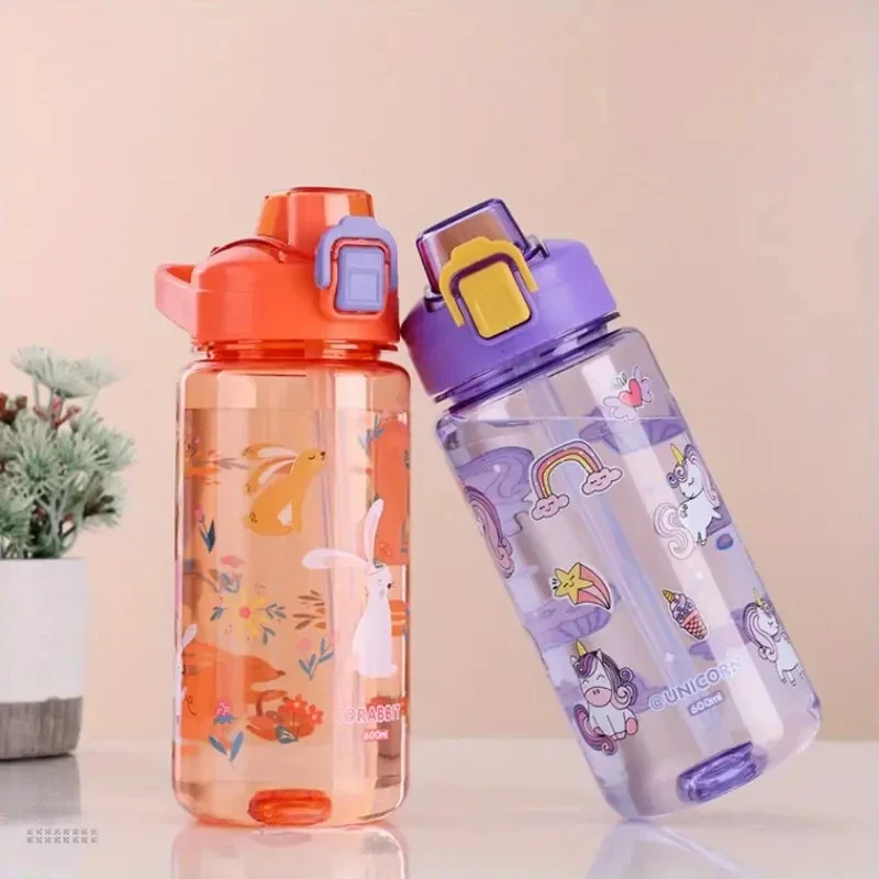 

1pc600ml Children Cartoon Animal Water Bottle Cup with Straw Portable Student Anti-falling Water Bottle Toddlers Beverage Kettle