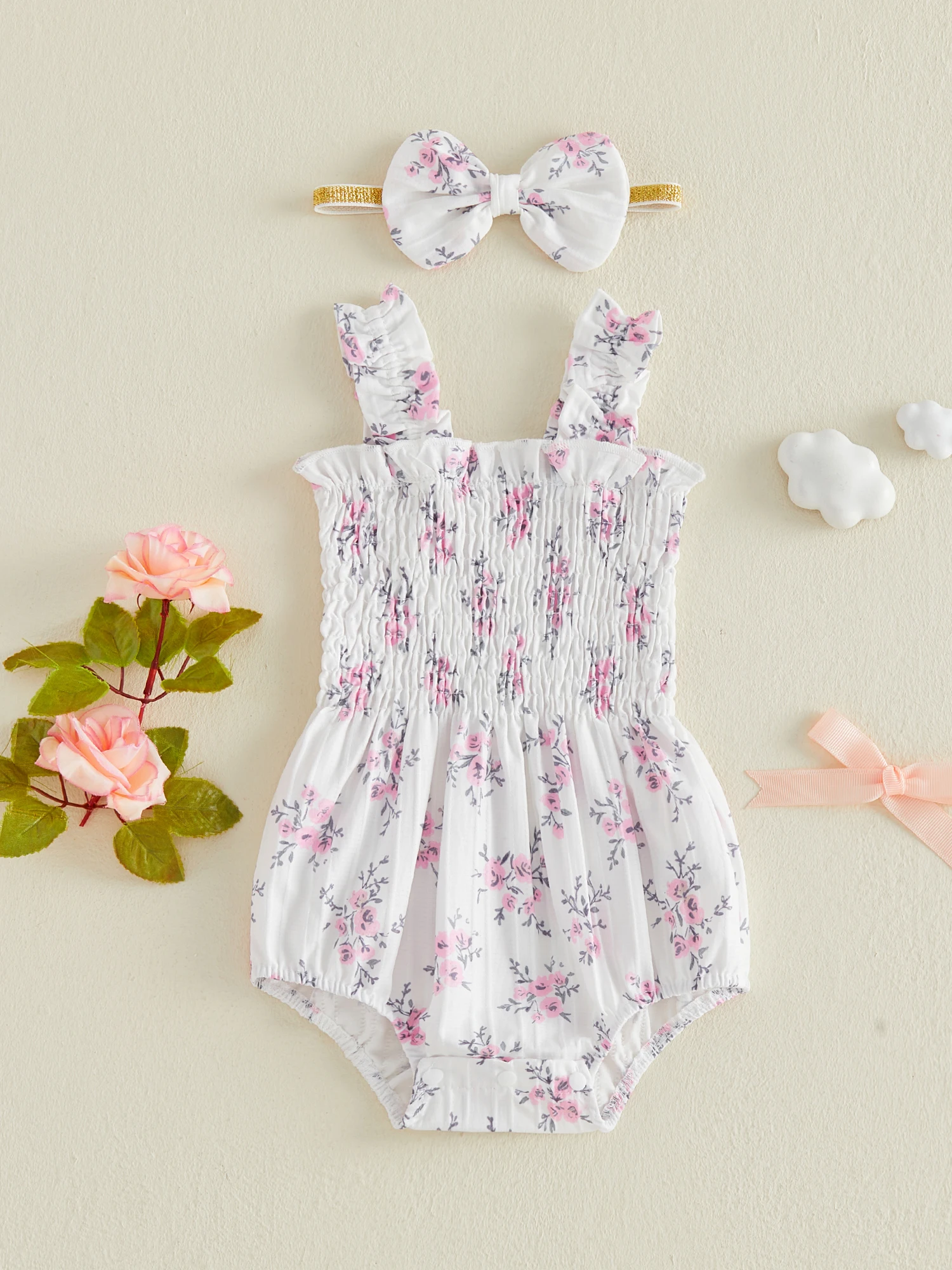 Bubble Romper Floral Jumpsuit With With Bow Headband Floral-Print-Smocked Smocked 2 Pcs Infant Baby Girl