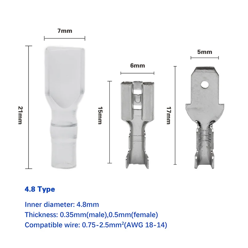 200Pcs 4.8Mm Wire Connectors Crimp Terminals Crimp Female/Male Spade Terminals with Transparent Insulating