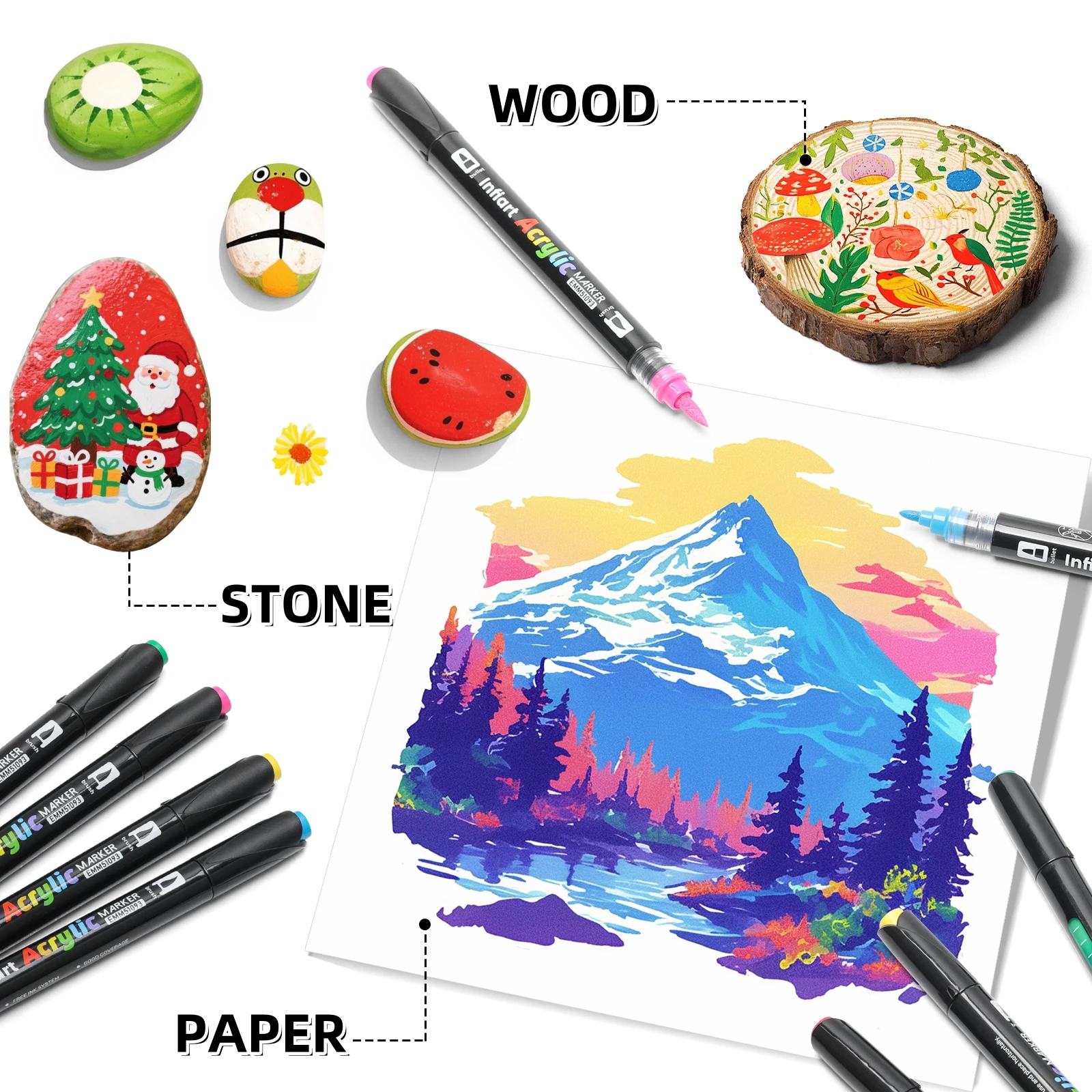 أقلام طلاء أكريليك، علامات طلاء ذات طرف مزدوج، طرف رفيع وأقلام طرف فرشاة للحجر والخشب والقماش وغيرها، واللوازم الفنية، مع حقيبة محمولة #4