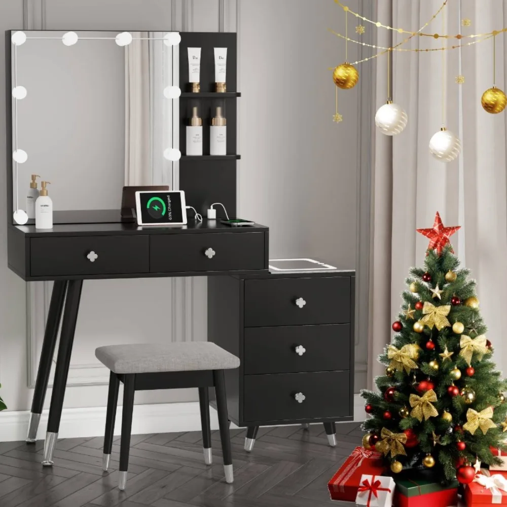 Vanity Set Makeup Dressing Table w/ Glass Tabletop