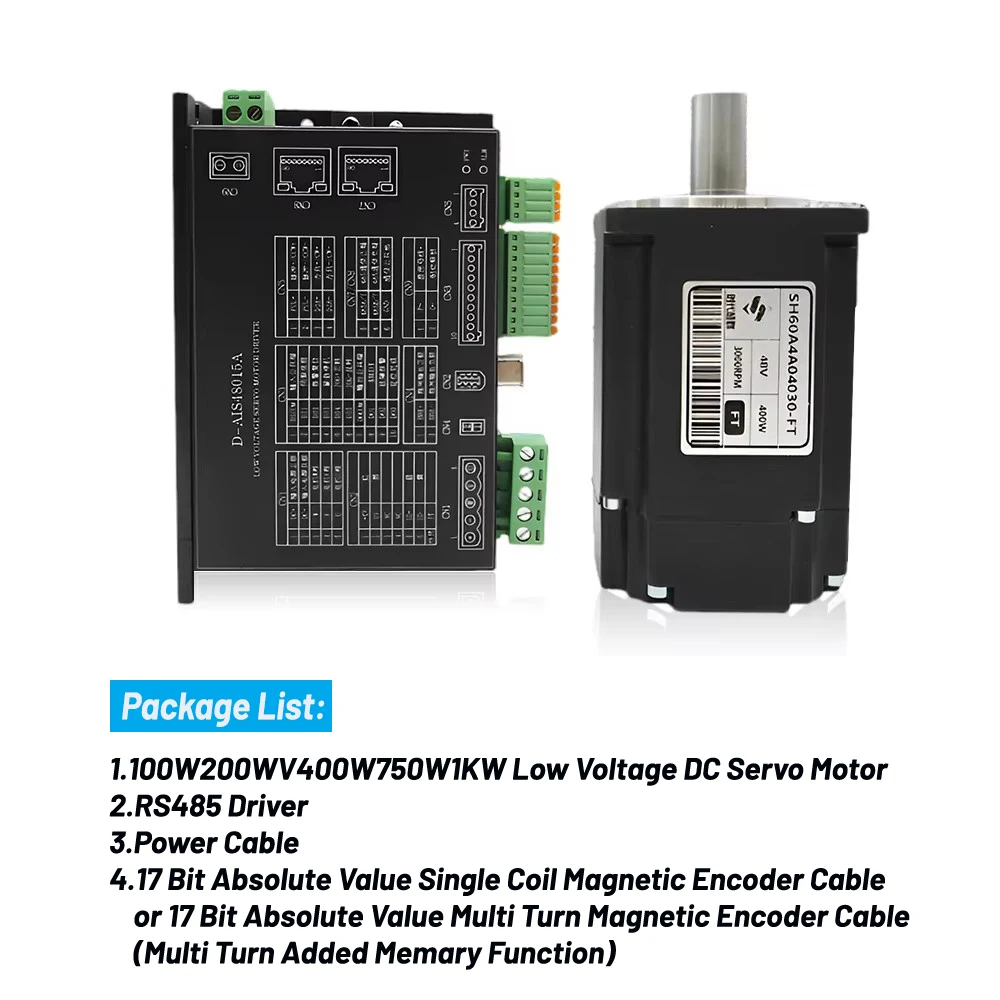 DC24/48V Low Voltage Servo Motor Drive Kit 17Bit Absolute Multi Turn Magnetic Encoder 100/200W/400W/750W/1KW RS485 0.64-6.4(Nm)