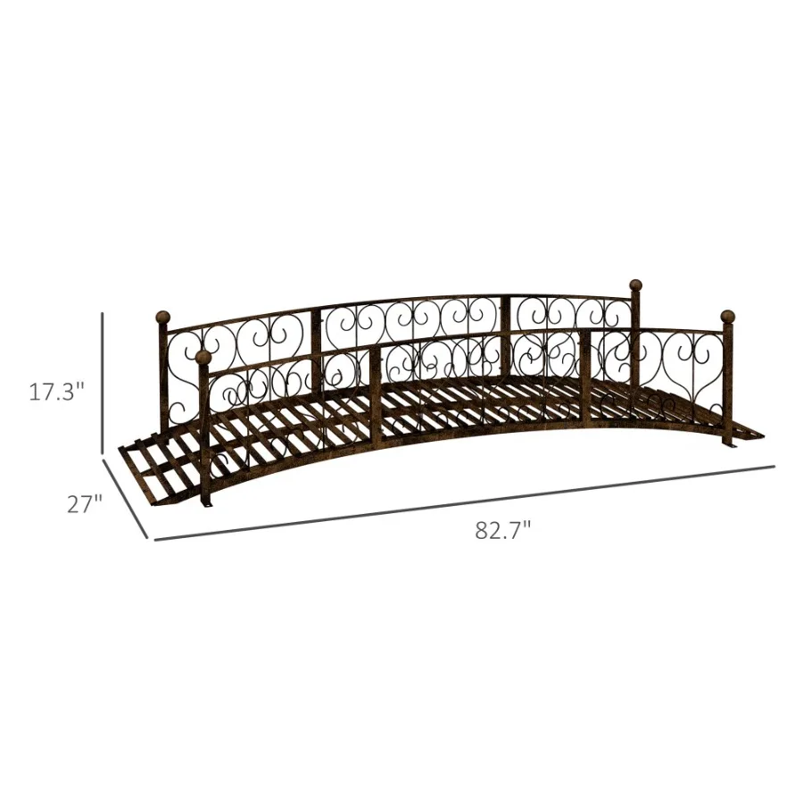 7' Metal Arch Garden Bridge with Safety Siderails Drative Arc Footbridge with Delicate Scrollwork S Motifs for Backyard Creek