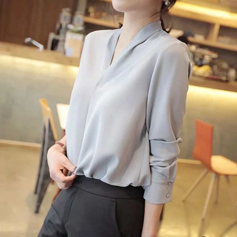 Women Spring Autumn Style Blouses Shirts Lady Office Wear OL Long Sleeve V-Neck Solid Color Blusas Tops