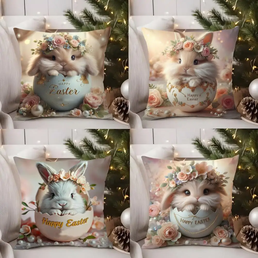 

Easter Eggs Rabbit Cushion Cover Short Plush Double-sided Print Square Throw Pillow Covers Sofa Home Cushion Decor