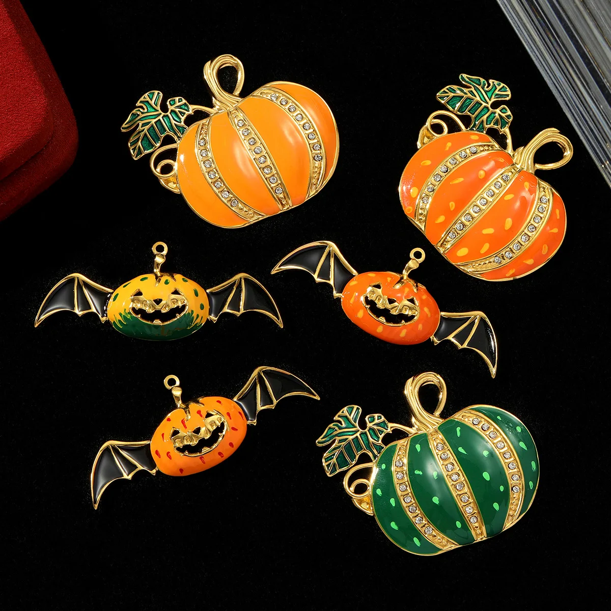 3pcs/Lot Stainless Steel Rhinestone Pumpkin Necklace Pendant Enamel Jack-O-Lantern DIY Charm Women Halloween Party Jewelry