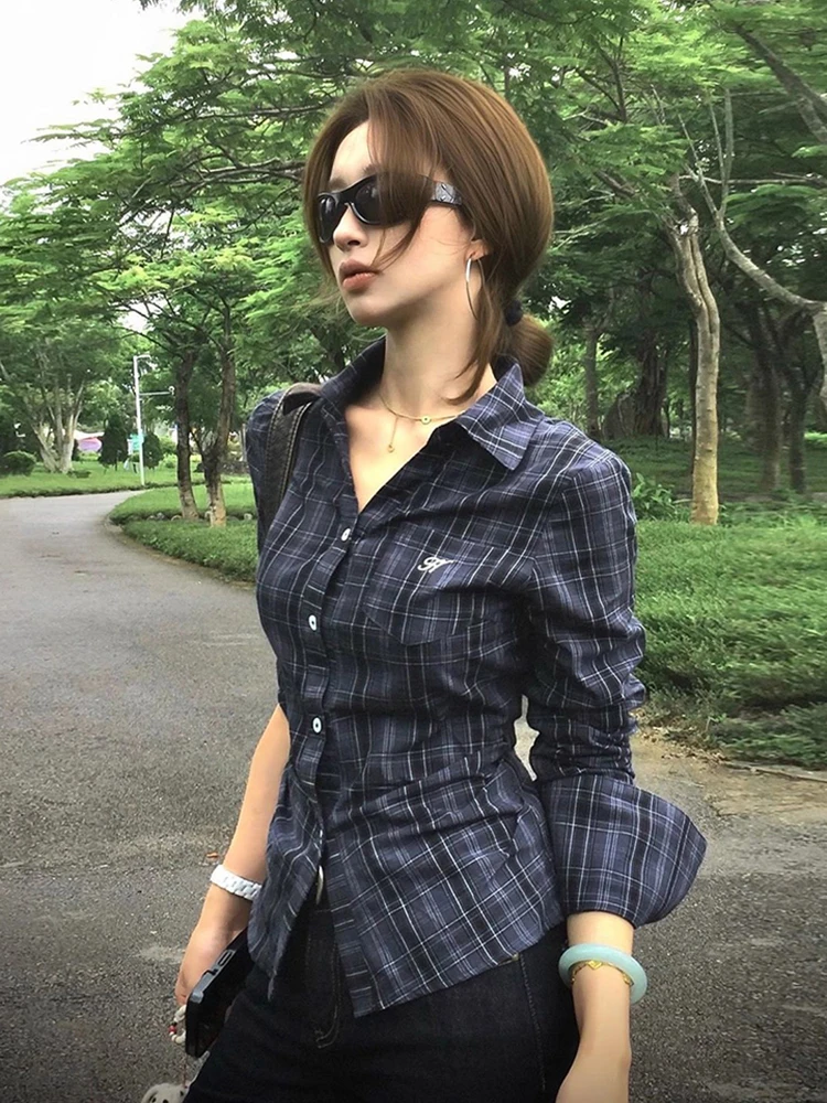 

Plaid Slim Fit Women Shirt Early Autumn Long Sleeve Preppy Vintage Button Blouse Sweet Harajuku Streetwear Hottie Student Tops