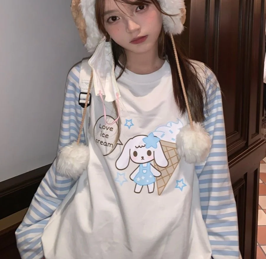 

High Quality Striped Long Sleeve Patchwork Cartoon T Shirts Pullover Preppy Teenage Large Size Kawaii Tops Y2K Japanese Clothing