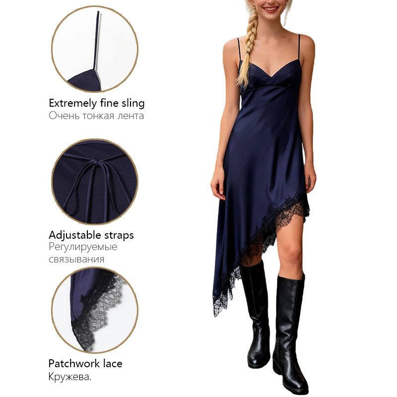 RECJI 여성 드레스 백리스 레이스 트림 밑단 비대칭 스트랩 드레스 우아한 섹시한 파티 드레스 여성을위한 필수품 Trafizaran