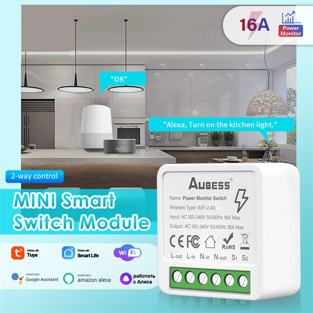 Tuya WiFi MiNi Smart Switch 16A Поддержка энергетического монитора Двустороннее управление Таймер Беспроводной переключатель через приложение Alexa Google Home Smart Life