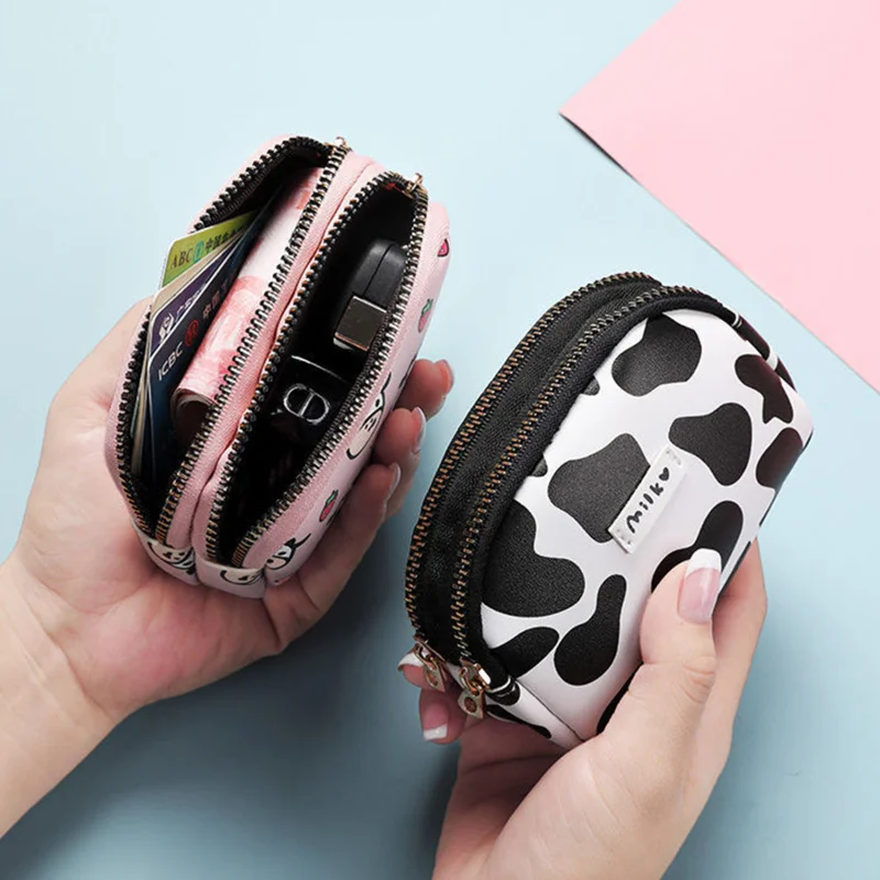 Women's Cute Wallet Cow Print PU Leather Business Card Holder Female Girl's Coin Purse Pouch Women Zipper Cartoon Wallet