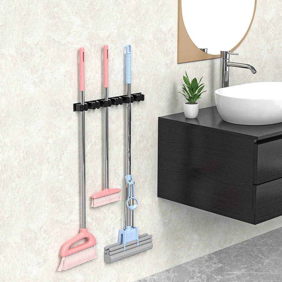 Mop Broom Holder 6 Position Multi-Functional Broom Hanger Shelf Bathroom Organization Accessories Home Kitchen Storage
