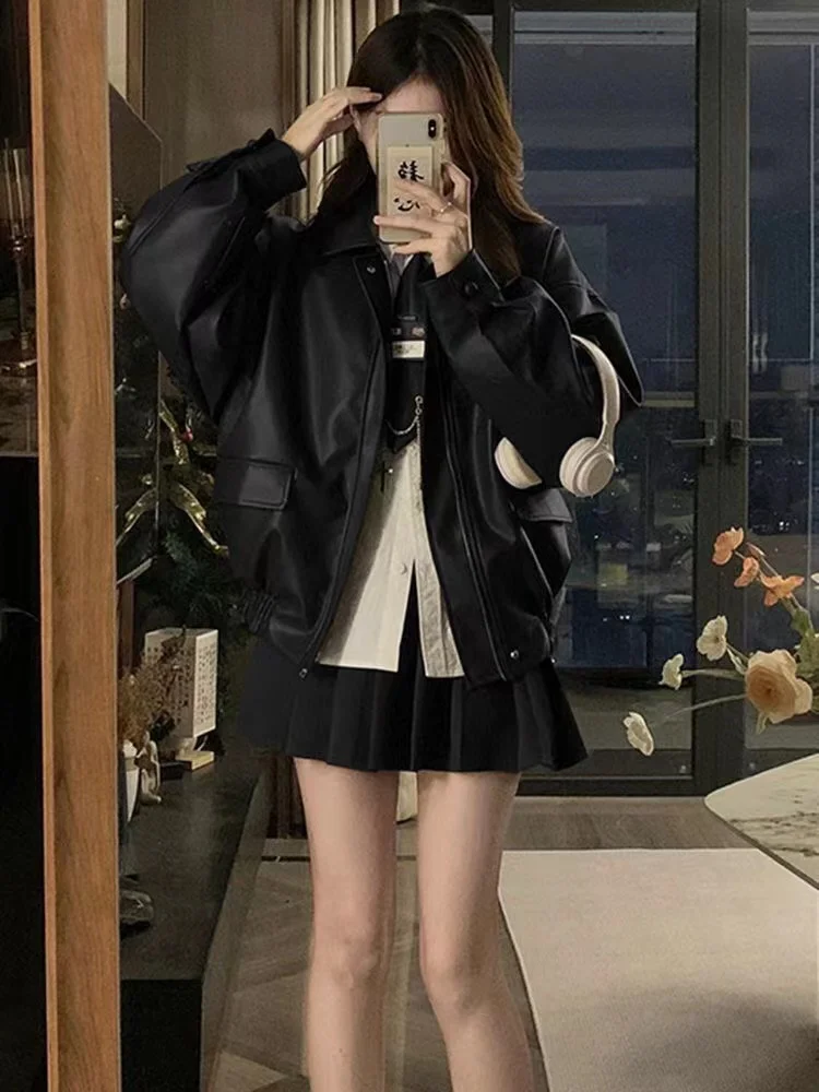 레트로 오토바이 PU 가죽 재킷 여성용 가을 겨울 신상 슬림핏 스트리트 패션 커플 매칭 코트