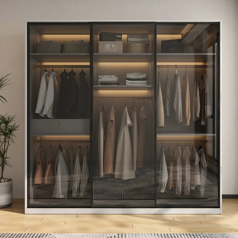Modern Sliding Glass Door Wardrobe Customizable Particle Board Closet with LED Lights for Small Bedrooms interior furniture