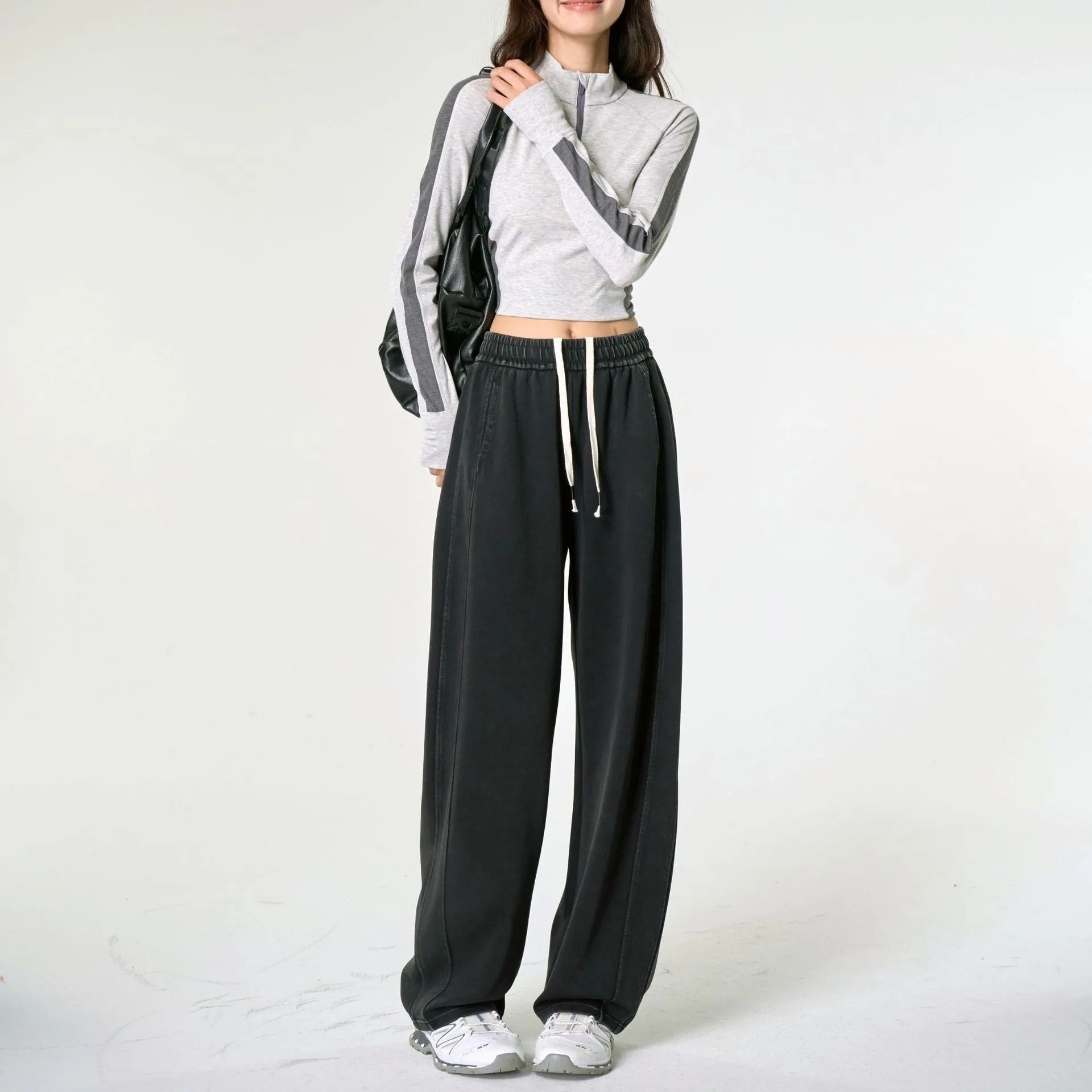 American Sle Pantalones casuales de pierna ancha sueltos de cintura alta Dstring Banana ape Jeans Algodón Cintura elástica Sle básico