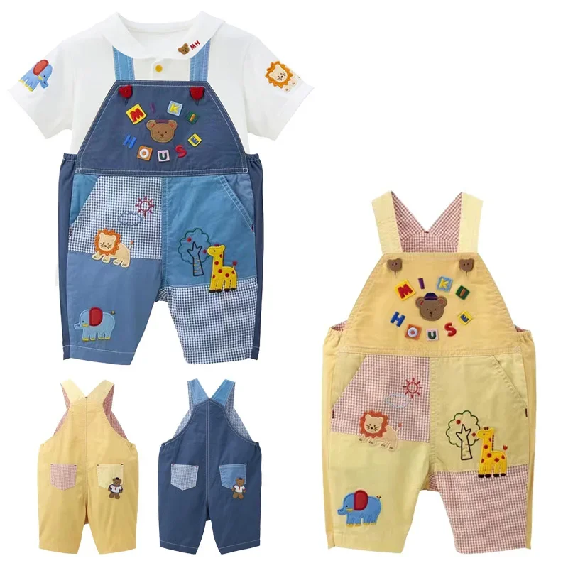 

Spring-summer 2024 Boys' Cartoon Lion Bear Embroidery Plaid Patchwork Bib Pants Cropped Pants Shorts