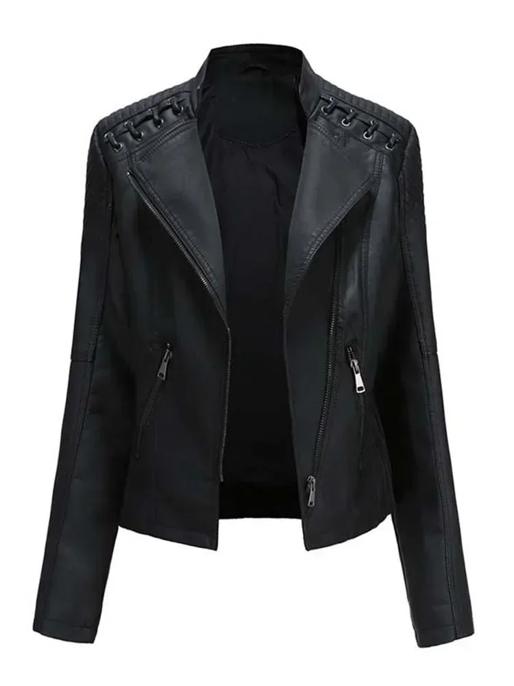 Autunno Inverno Pu Faux Giacche in pelle da donna Manica lunga Cerniera Slim Moto Biker Cappotto in pelle Allentato Capispalla femminile Top 4X